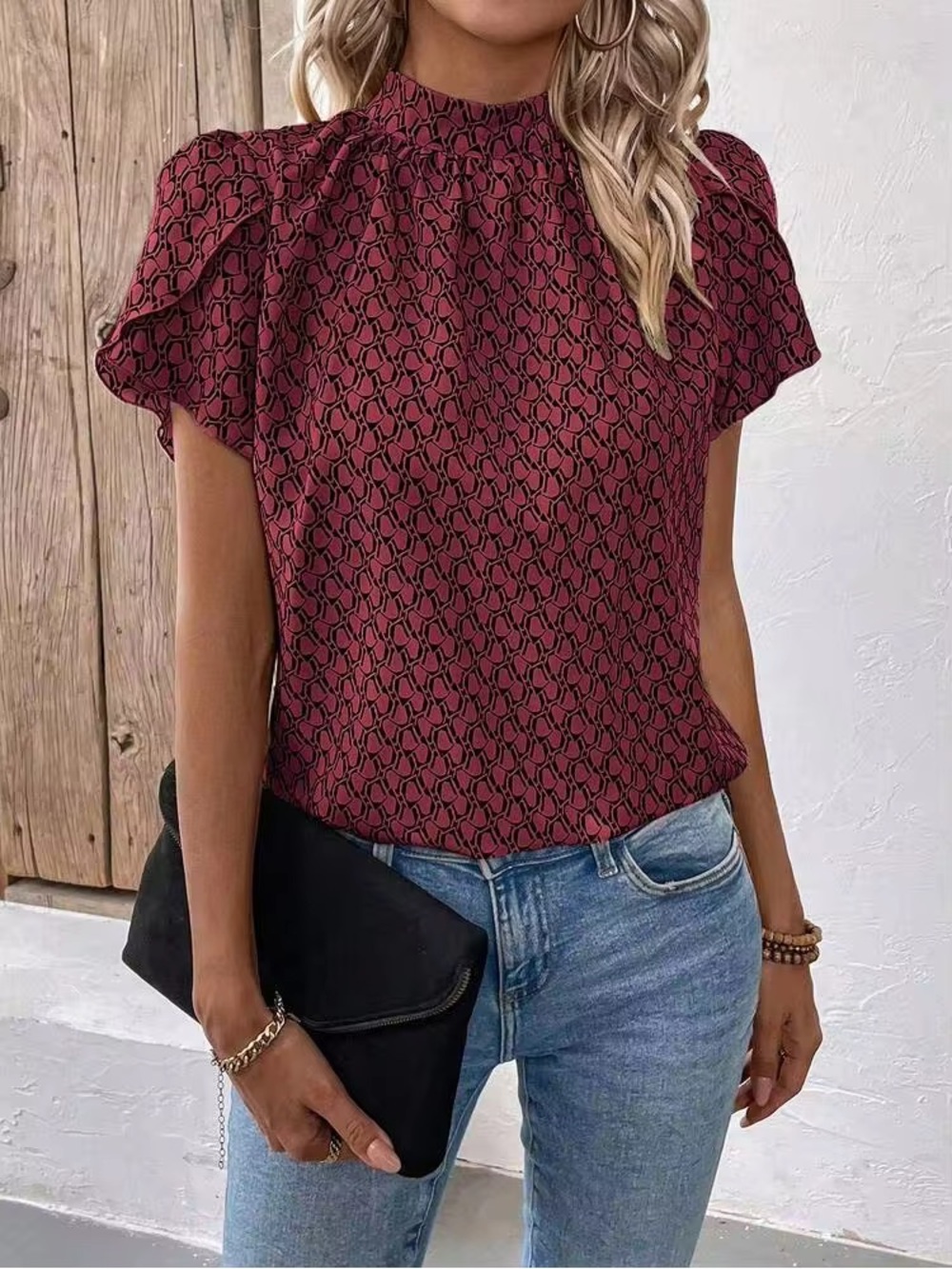 Womens Mock Neck Printed Short Sleeve Top | Size X-Large (12)
